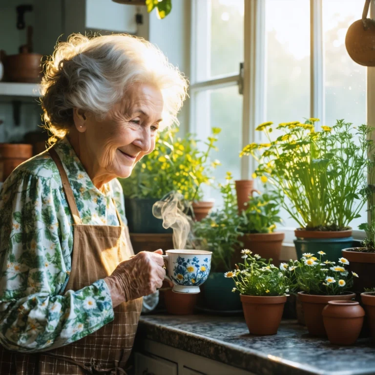 Une grand-mère dans une cuisine chaleureuse tenant une tasse de tisane avec des plantes médicinales autour d'elle.