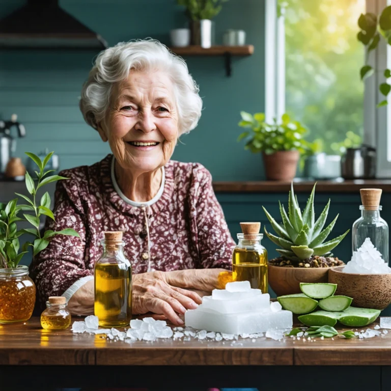 Image d'une grand-mère souriante avec des remèdes naturels contre les boutons de fièvre comme du miel et du bicarbonate.