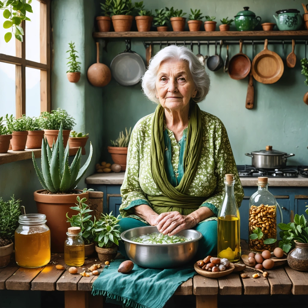 Une grand-mère préparant des remèdes pour soigner les crevasses au talon dans une ambiance chaleureuse.
