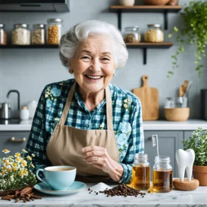 Une grand-mère joyeuse préparant des remèdes naturels dans une cuisine pour soulager après une extraction dentaire