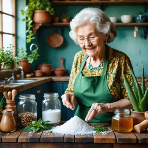 Une grand-mère concoctant des remèdes pour les dents déchaussées dans une cuisine chaleureuse avec des ingrédients naturels.