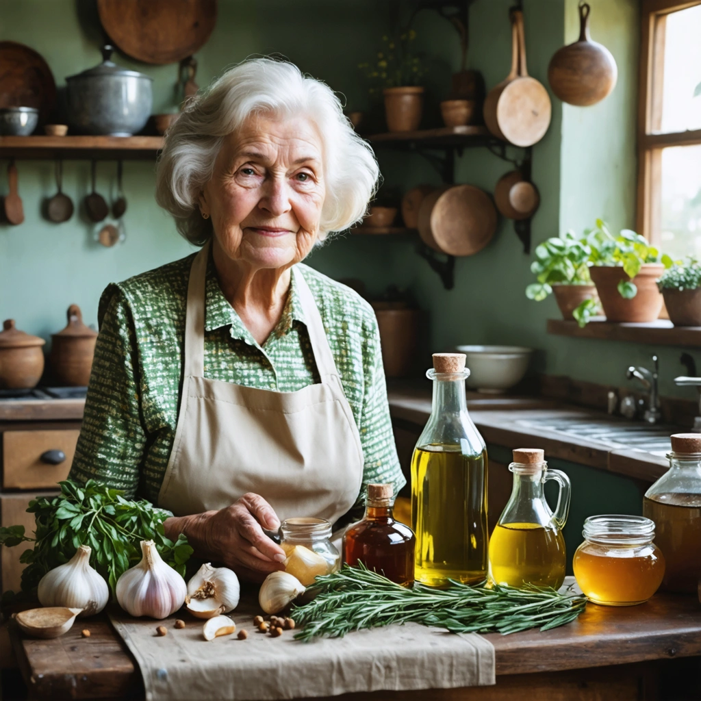 Une grand-mère dans sa cuisine rustique avec des remèdes naturels pour traiter une otite.