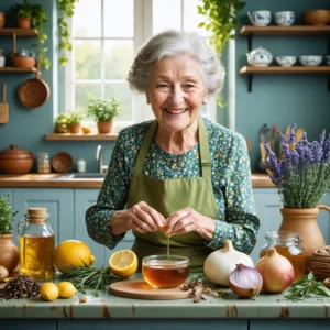 Une grand-mère prépare des remèdes naturels dans une cuisine chaleureuse avec des ingrédients comme du miel et des oignons.