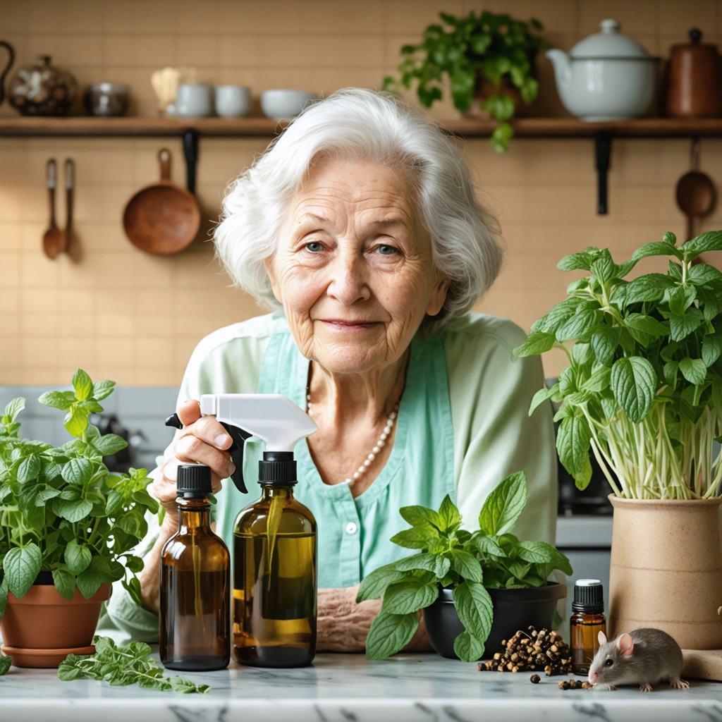 Une grand-mère dans sa cuisine tenant un spray maison pour repousser les mulots, avec des plantes et huiles essentielles sur le comptoir.