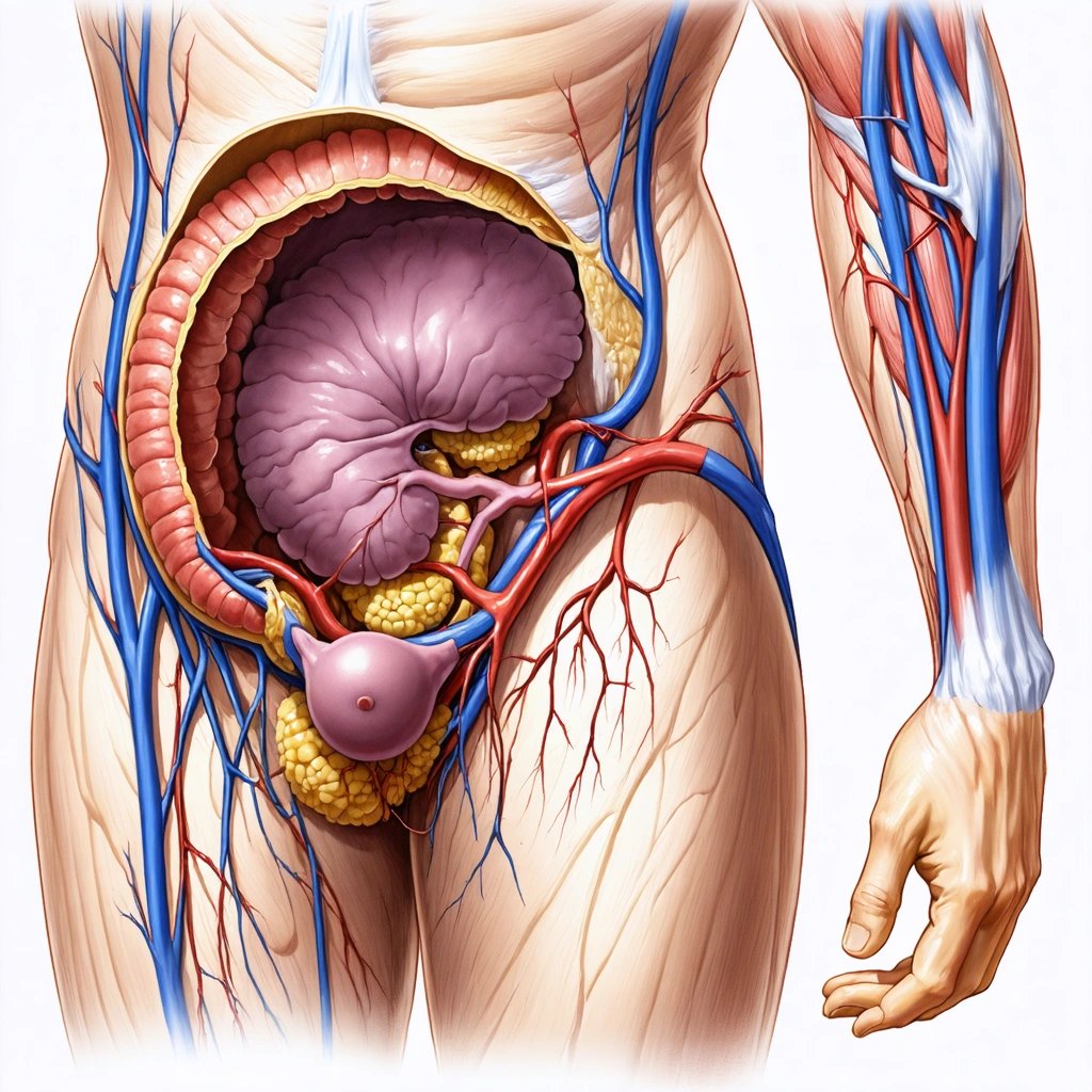 Illustration médicale montrant l'intérieur du rectum humain avec des structures vasculaires identifiées comme des hémorroïdes internes.