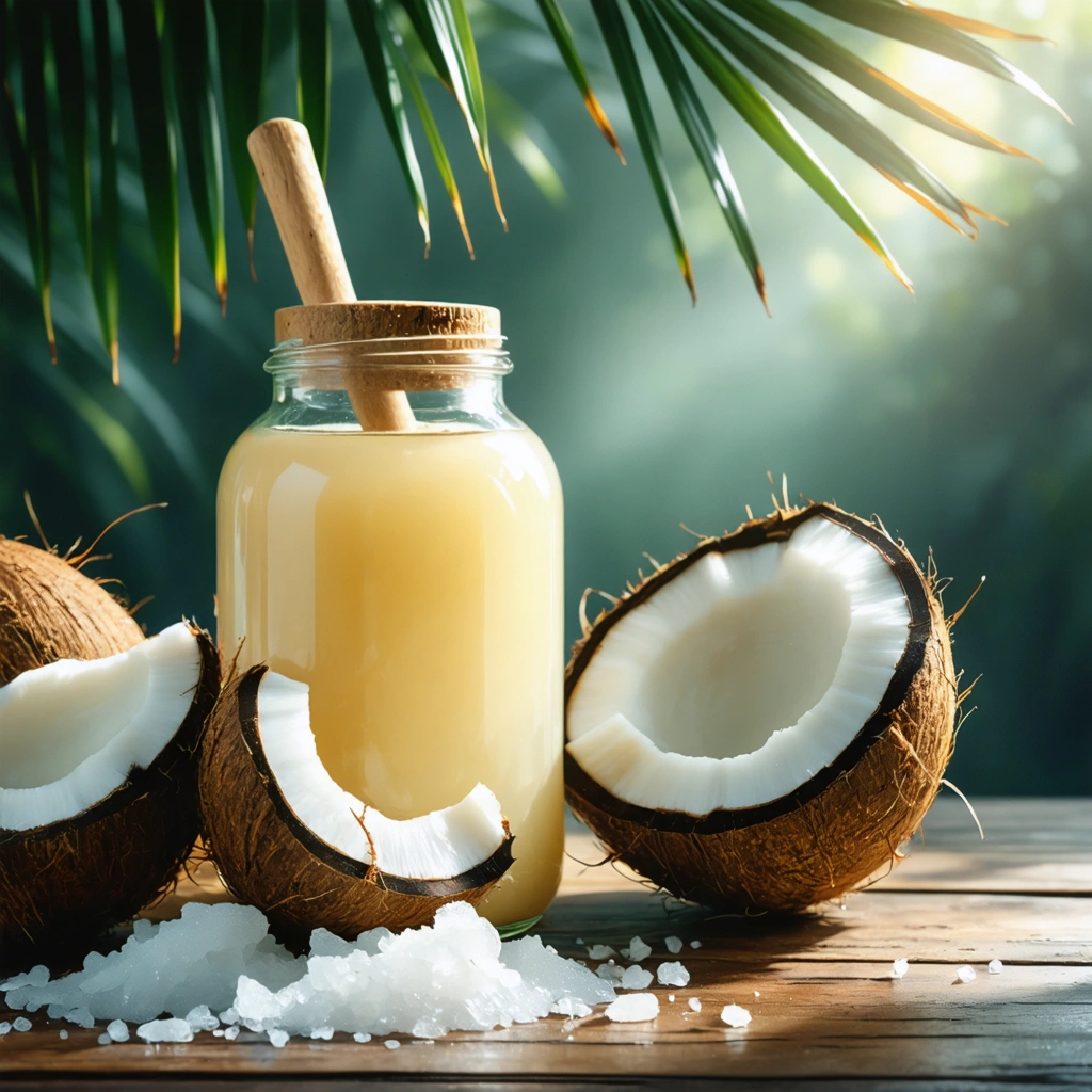 Un pot d'huile de coco à côté d'une noix de coco, avec des feuilles de palmier en arrière-plan donnant une ambiance tropicale et naturelle.