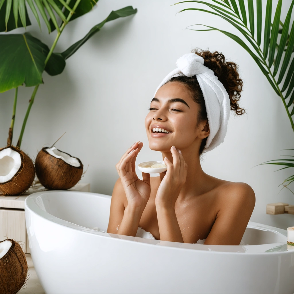 Une femme dans une salle de bain lumineuse et apaisante, en train de pratiquer la méthode de l'oil pulling avec de l'huile de coco, entourée d'éléments tropicaux comme des noix de coco.