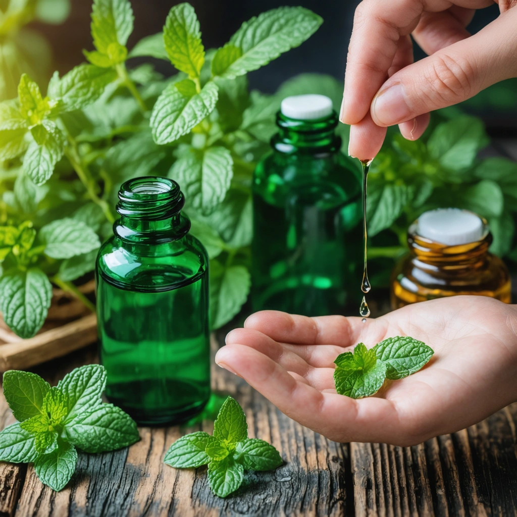 Bouteille d'huile essentielle de menthe poivrée sur une table en bois, entourée de feuilles de menthe fraîche avec une ambiance apaisante.