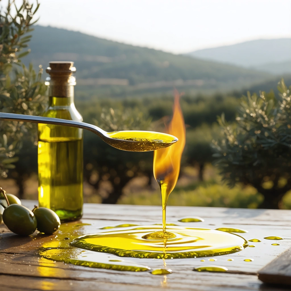Une cuillère dorée contenant de l'huile d'olive tiède chauffée sur une petite flamme, avec une bouteille en verre d'huile d'olive et des oliviers en arrière-plan flou.