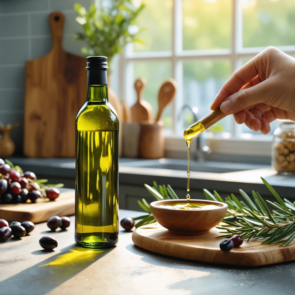 Une bouteille d'huile d'olive dans une cuisine accueillante, avec un compte-gouttes rempli d'huile tiède, prête à être utilisée, le tout éclairé par une douce lumière naturelle.