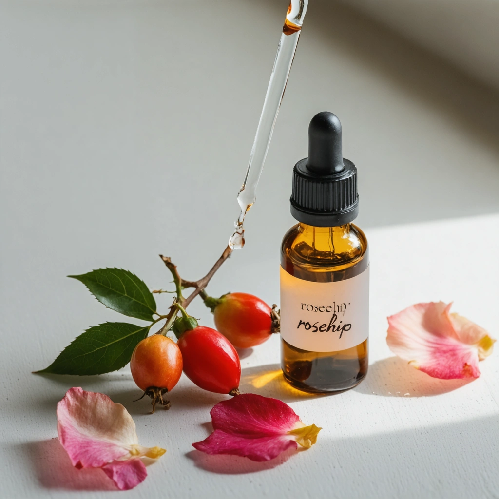 Flacon d'huile avec des graines de rose musquée et des pétales de rose sur un fond doux.