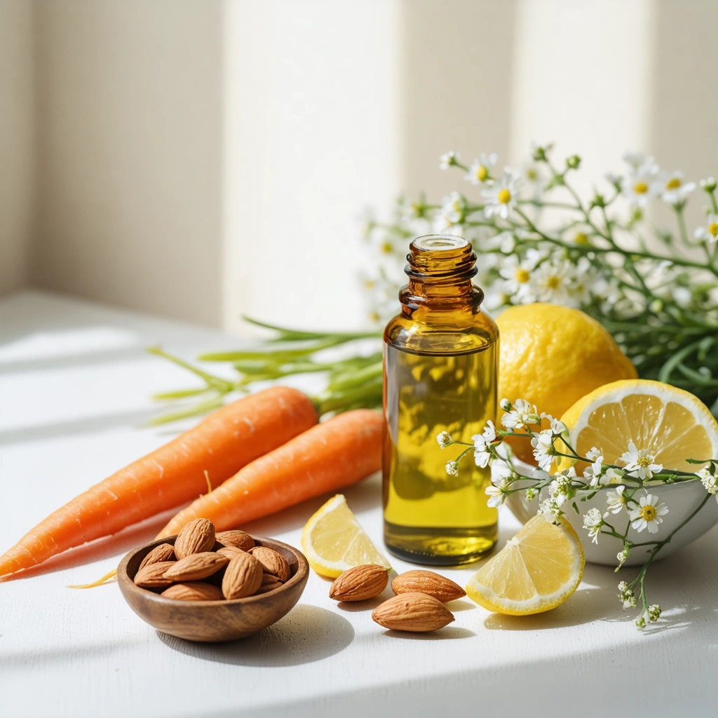Une composition luxueuse avec une bouteille d'huiles essentielles, des amandes, de l'huile d'amande douce, des tranches de carotte et des quartiers de citron, le tout dans une lumière douce et naturelle.