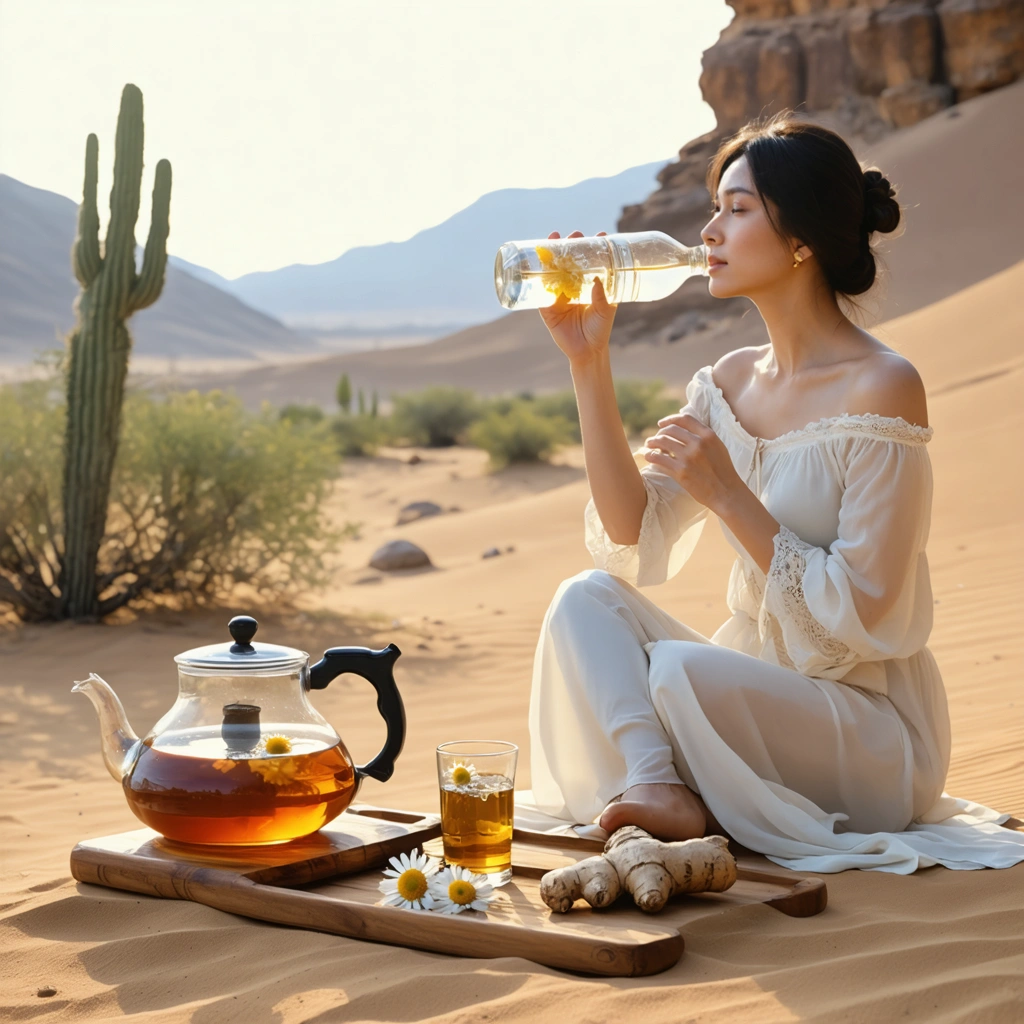 Une femme dans un décor de désert apaisant, buvant de l'eau avec une bouteille, accompagnée d'une théière en verre contenant de la tisane à la camomille et une tranche de gingembre sur un plateau en bois.