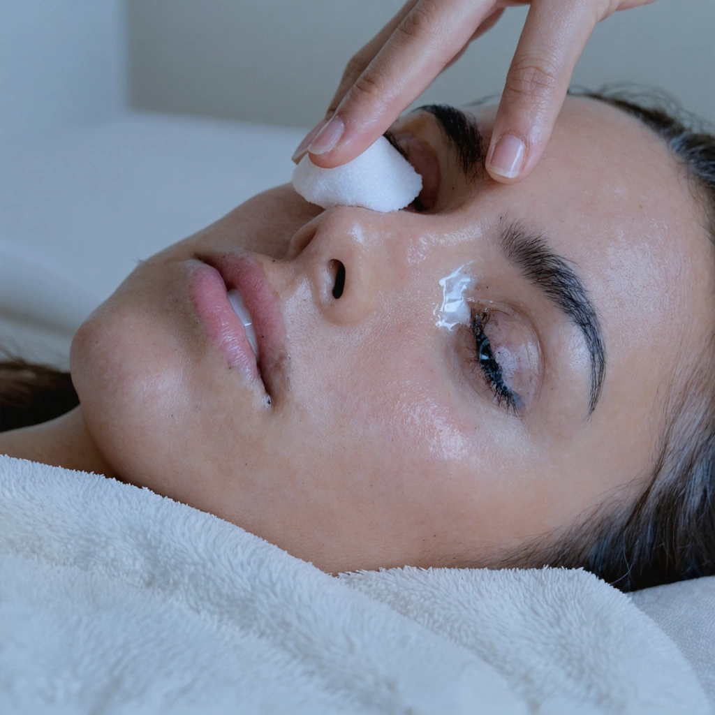 Un dessin minimaliste montrant une personne nettoyant doucement sa paupière avec une compresse stérile, en ambiance relaxante.