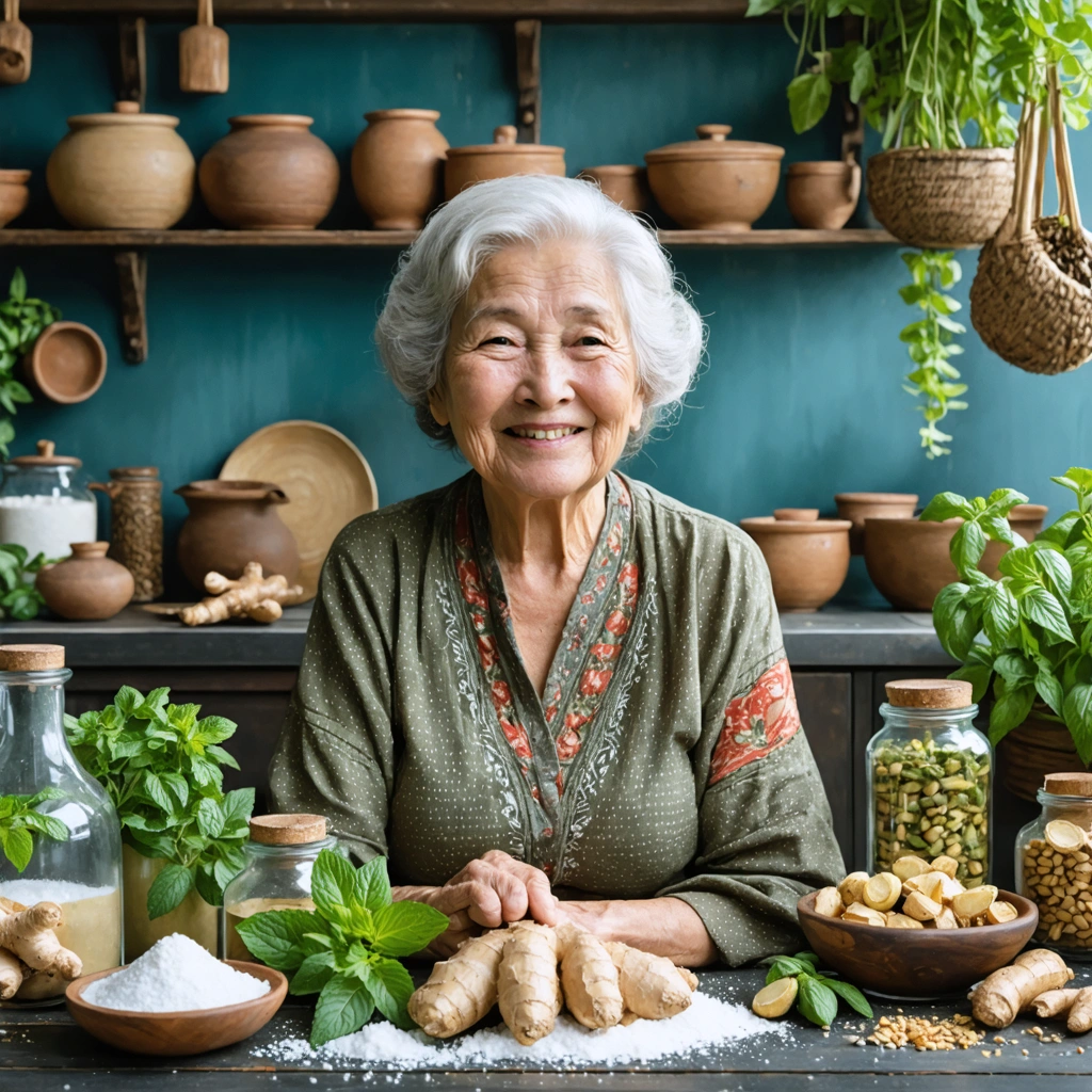 Une grand-mère dans sa cuisine entourée de remèdes naturels comme le gingembre et les feuilles de menthe.
