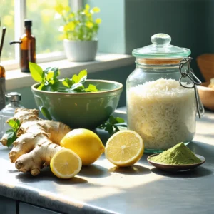 Une tasse d'infusion au gingembre et citron, accompagnée d'un bol de riz blanc et d'un pot d'argile verte sur une table ensoleillée.