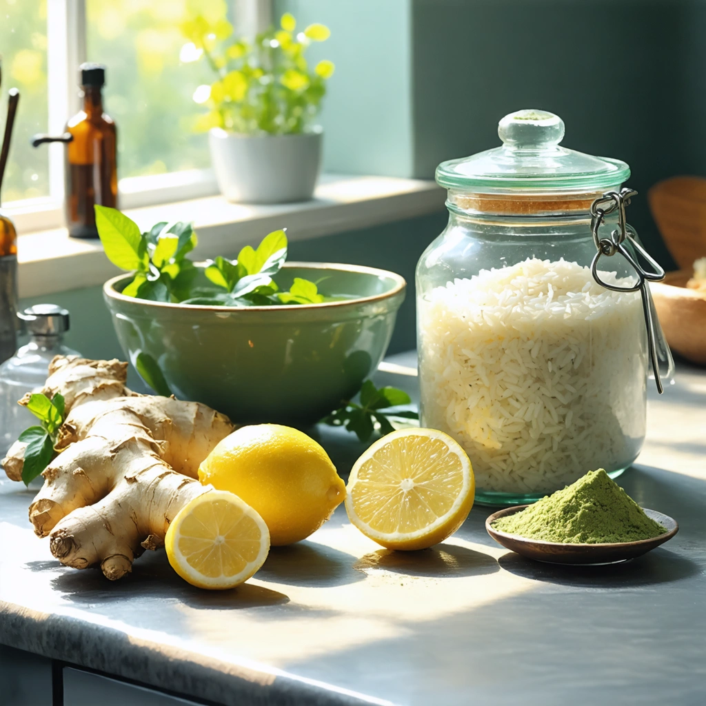 Une tasse d'infusion au gingembre et citron, accompagnée d'un bol de riz blanc et d'un pot d'argile verte sur une table ensoleillée.