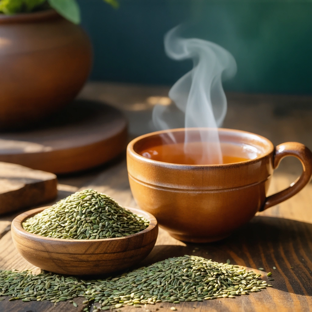 Une scène chaleureuse montrant des graines de fenouil dans un petit bol en bois, accompagnées d'une tasse de tisane fumante, avec un fond évoquant une cuisine méditerranéenne.