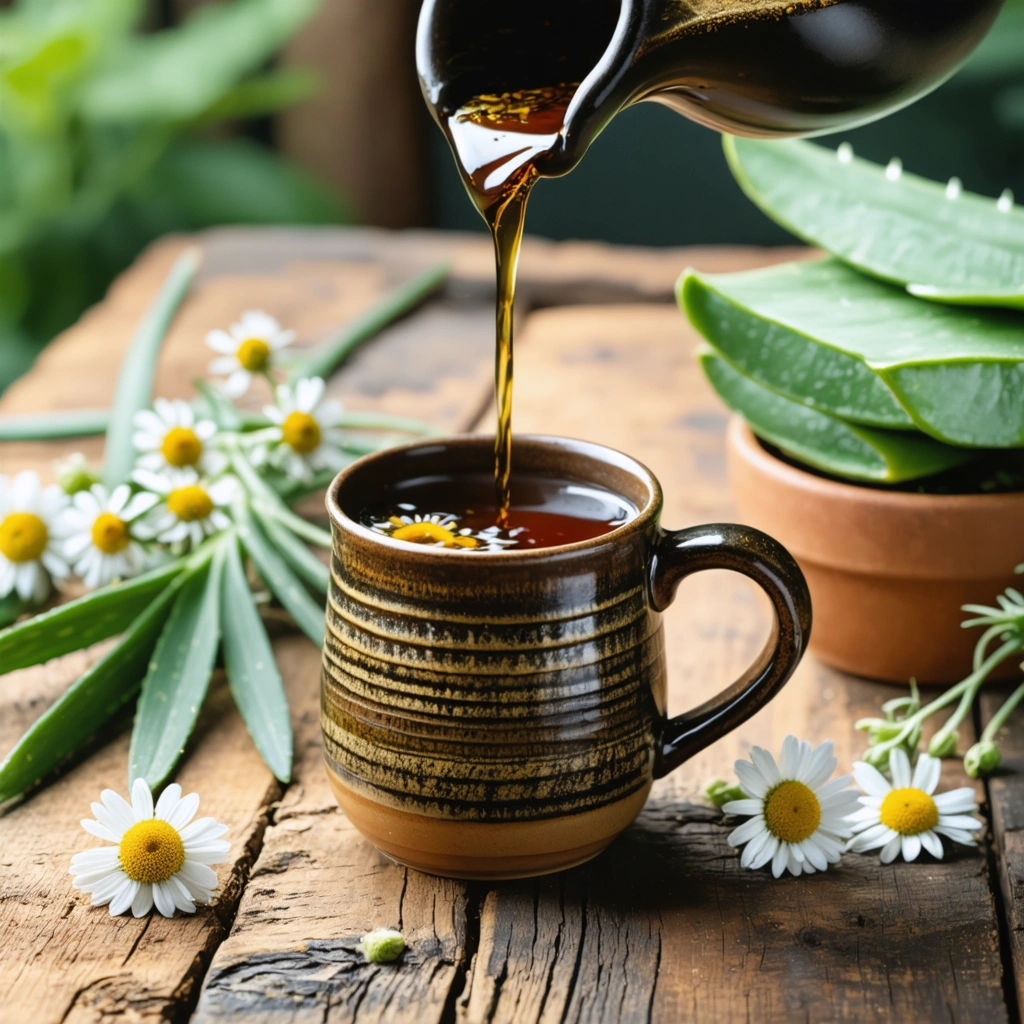 Une tasse en céramique avec une infusion chaude sur une table en bois, entourée de feuilles d'aloe vera et de fleurs de camomille, dans une ambiance chaleureuse et naturelle.