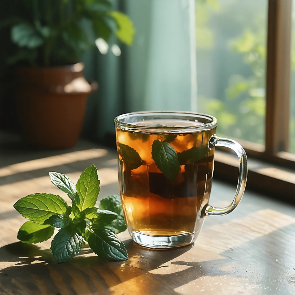 Une tasse en verre contenant une infusion de feuilles de menthe posée sur une table en bois, entourée de feuilles de menthe fraîche, dans une ambiance chaleureuse et lumineuse.