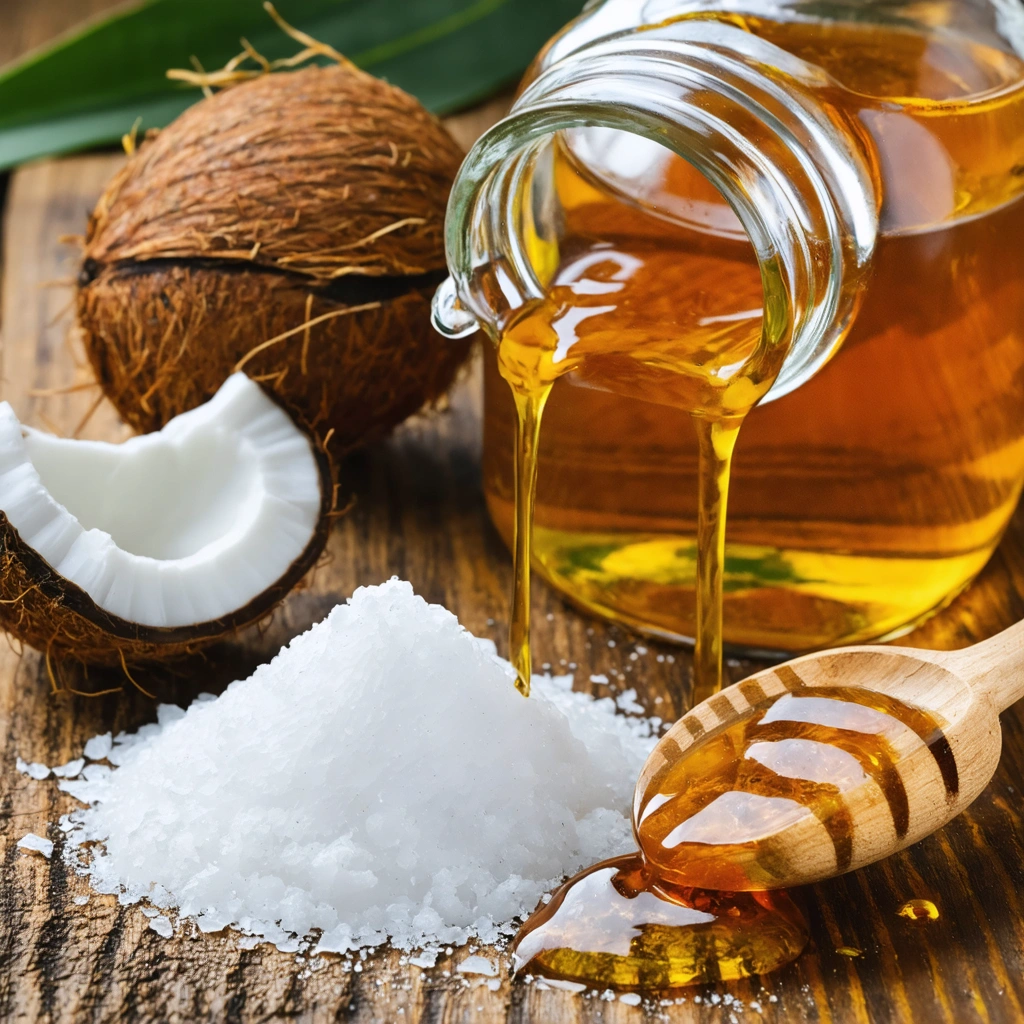 Remèdes naturels contre la perlèche, comprenant du miel, de l'huile de coco et du bicarbonate sur une table.