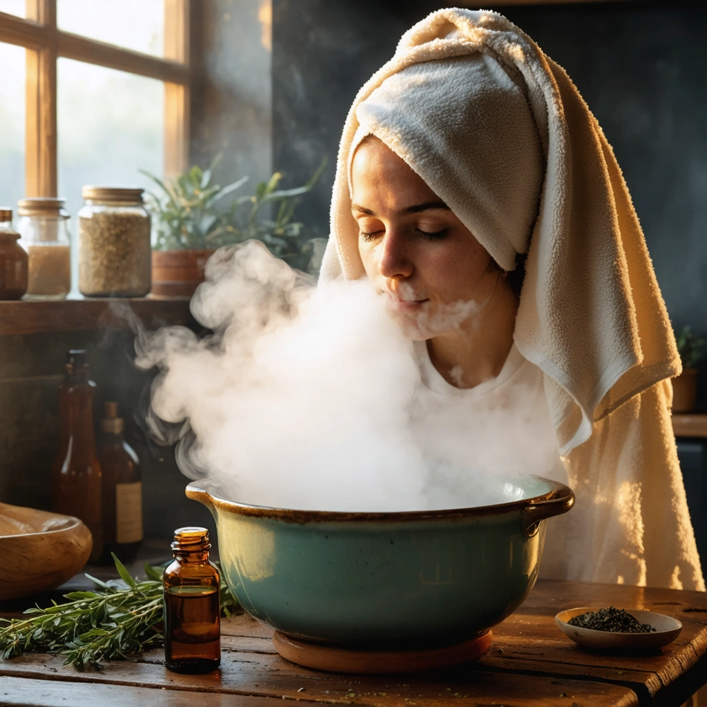 Une personne réalisant une inhalation de vapeur avec un bol d'eau chaude, une serviette sur la tête, et des huiles essentielles à côté, dans une ambiance chaleureuse et réconfortante.