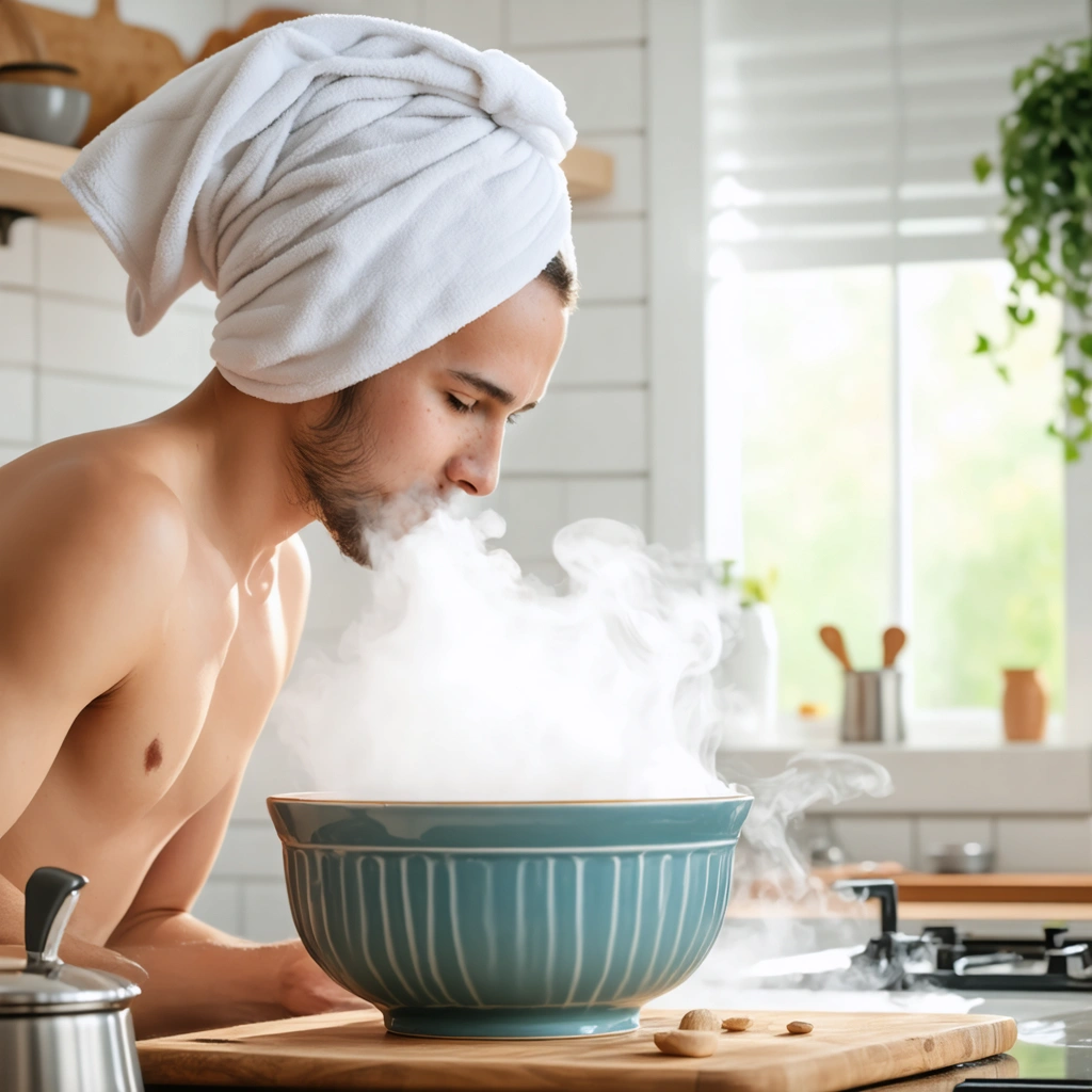 Personne faisant une inhalation de vapeur pour soulager une sinusite, utilisant un bol et une serviette.