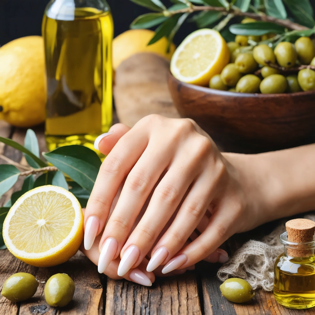 Des mains avec des ongles sains entourées d'ingrédients naturels tels que de l'huile d'olive, des citrons et des huiles essentielles.