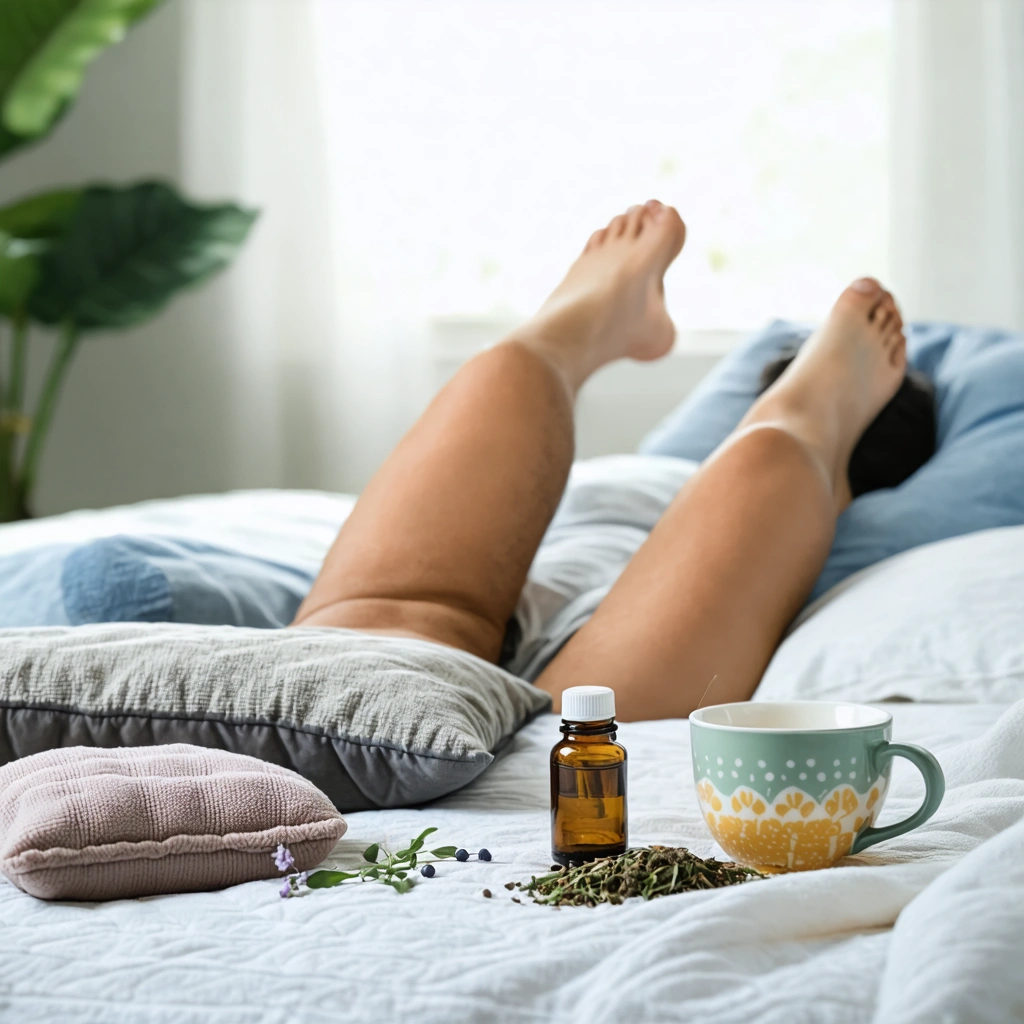 Une personne allongée, les jambes surélevées par des coussins, utilisant des huiles essentielles et une bouillotte pour soulager son mal de dos