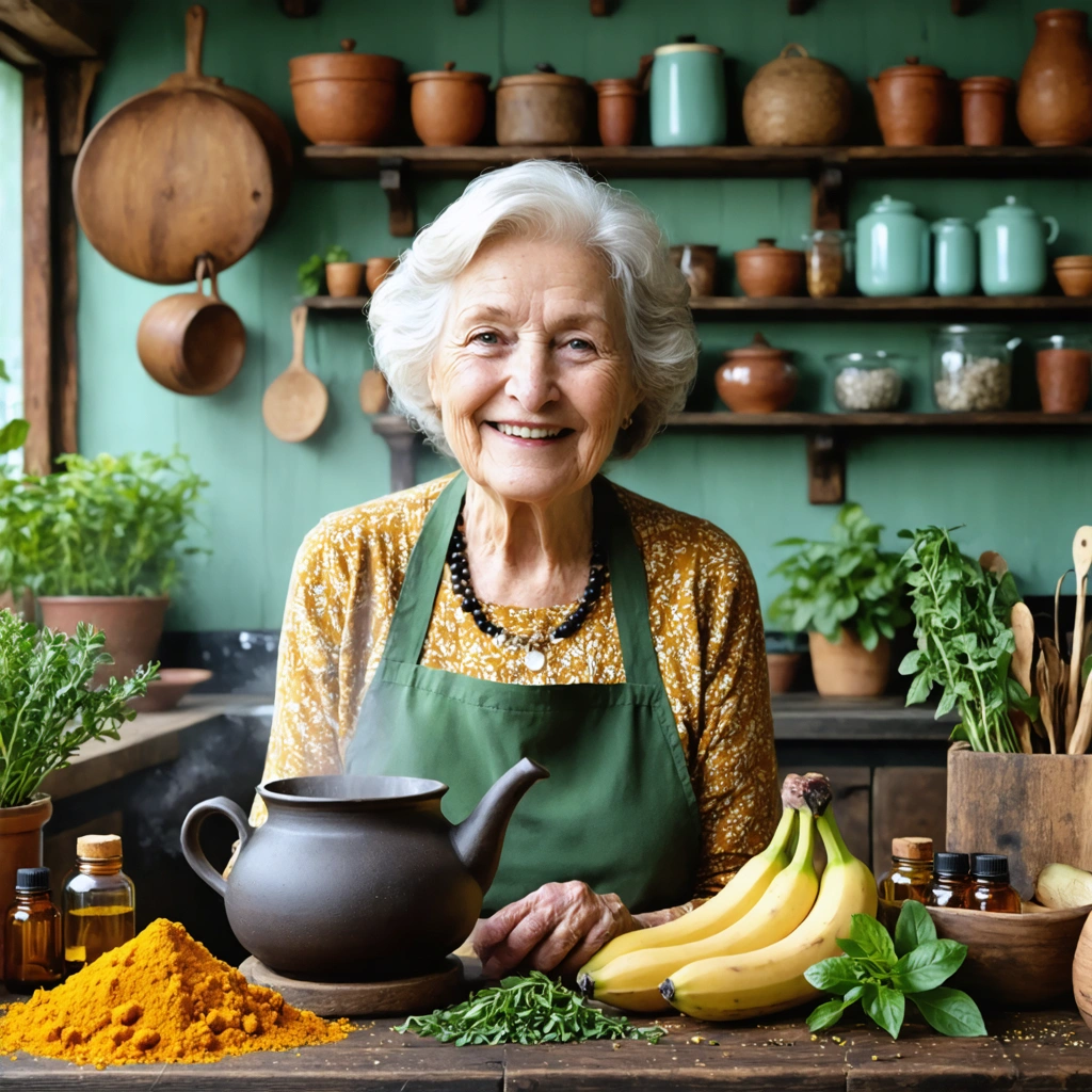 Mamie entourée de remèdes naturels pour soulager l'arthrose dans une cuisine rustique