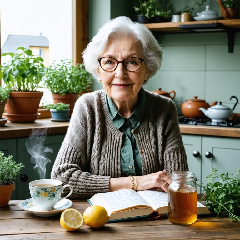 Une grand-mère chaleureuse partageant des remèdes dans une cuisine cosy.