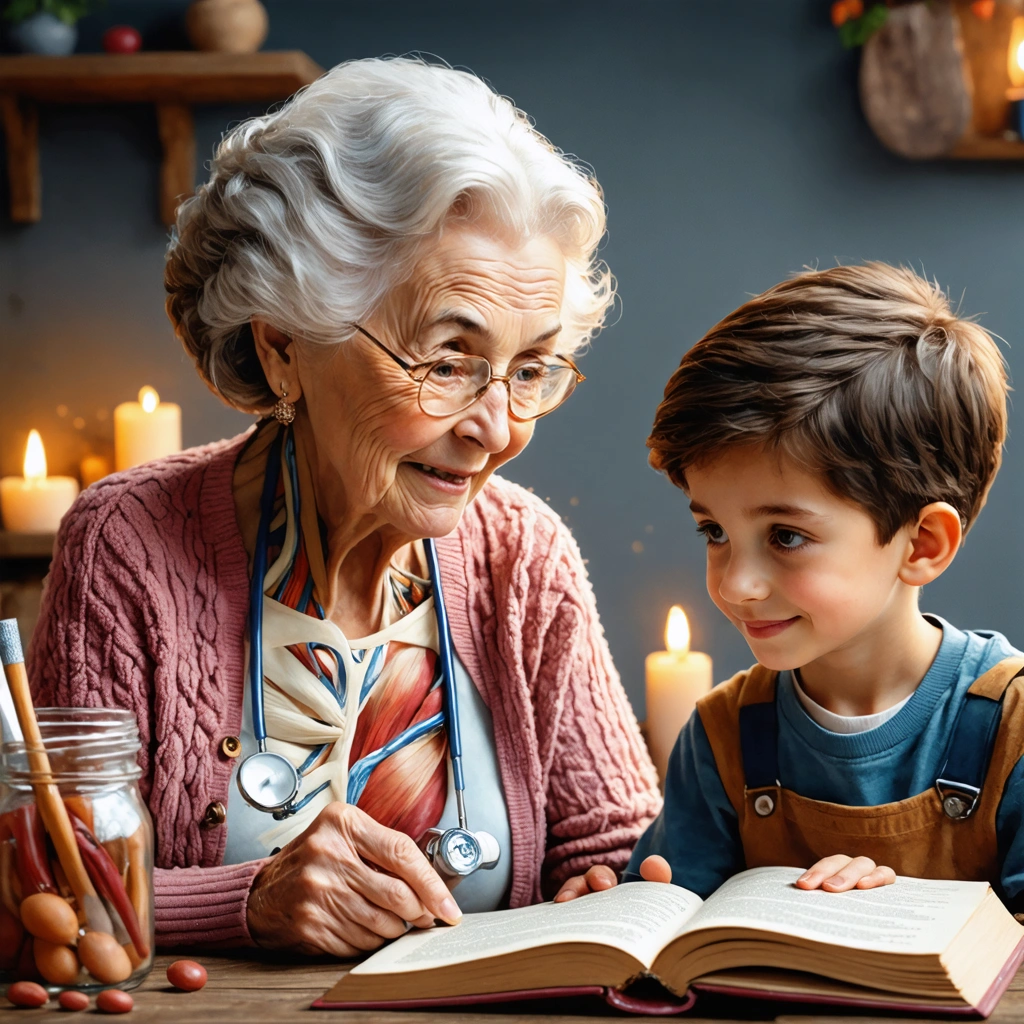Une grand-mère sympathique dans un cadre chaleureux explique la pubalgie à une jeune personne curieuse, avec un environnement convivial et quelques éléments anatomiques simples en arrière-plan.