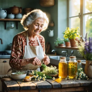 Grand-mère préparant un remède naturel avec du miel et des plantes dans une cuisine chaleureuse.