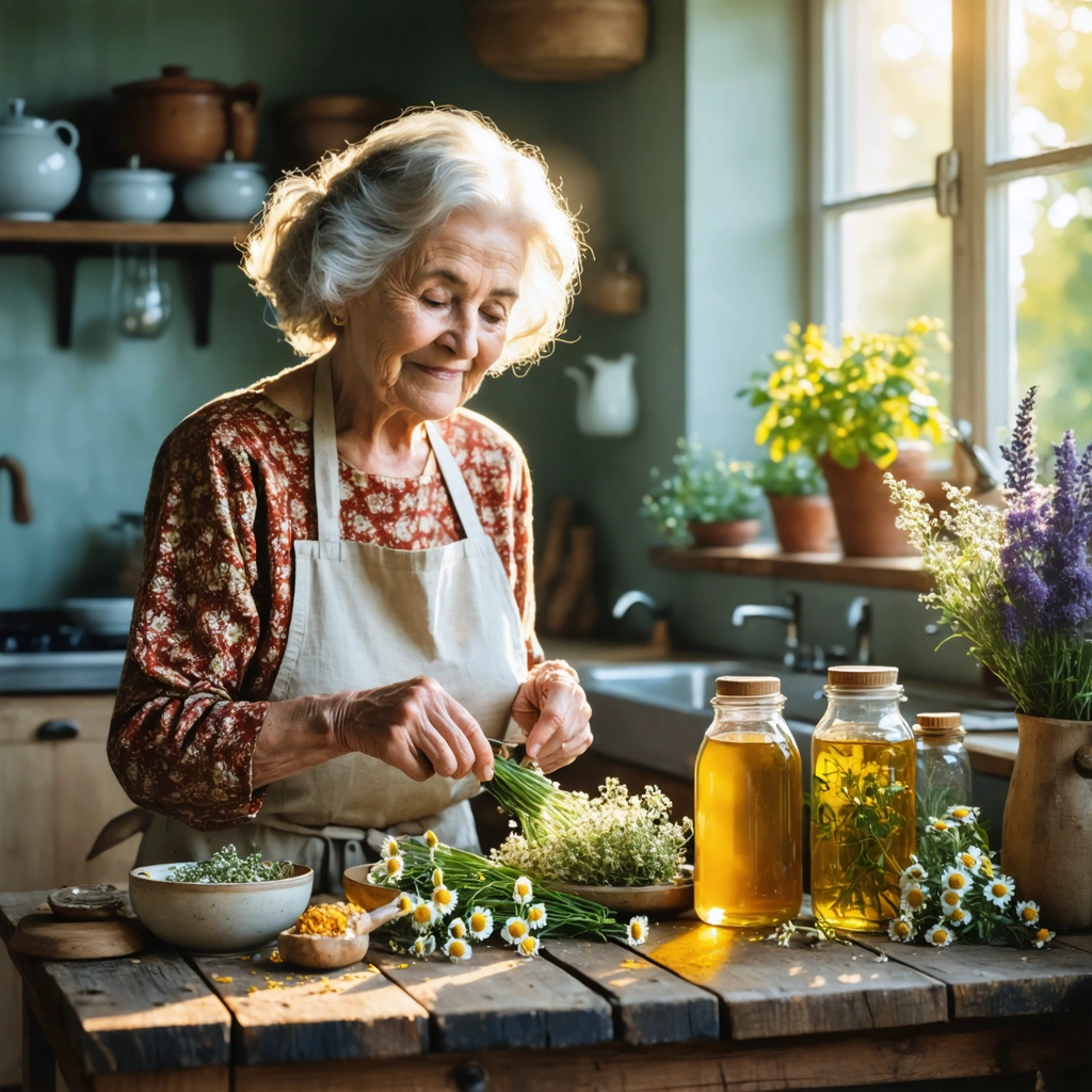 Grand-mère préparant un remède naturel avec du miel et des plantes dans une cuisine chaleureuse.