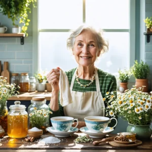 Mamie Colette prépare un remède maison pour la conjonctivite avec des ingrédients naturels.