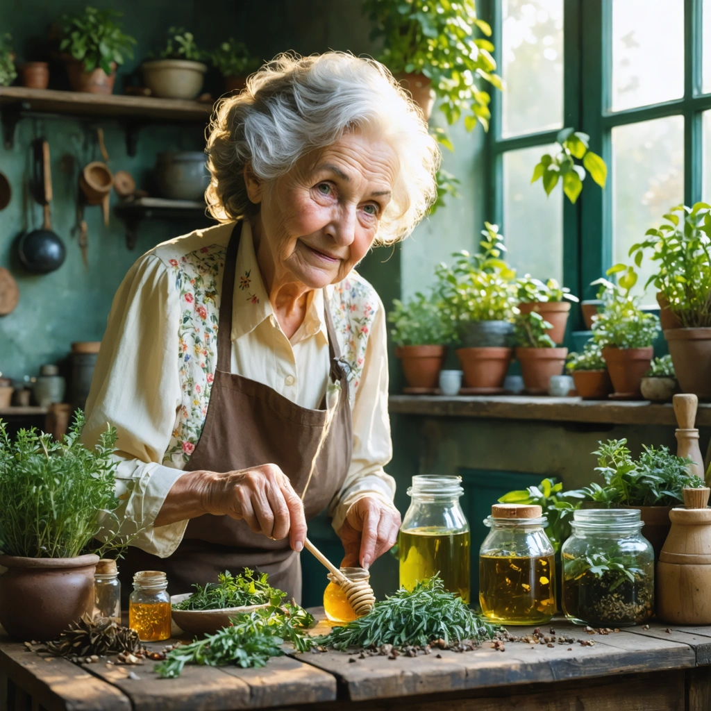 Une grand-mère préparant des remèdes naturels à base de miel, aloe vera et épices dans une maison chaleureuse.