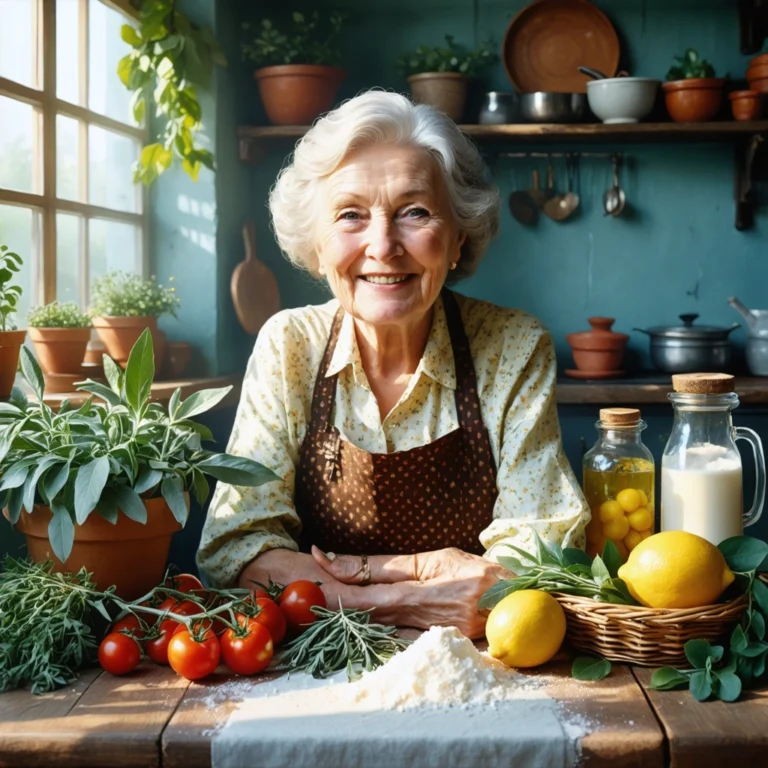 Mamie utilisant des remèdes naturels contre la transpiration faciale, avec des plantes et des ingrédients naturels sur une table.