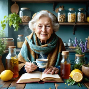 Mamie Colette assise dans sa cuisine, préparant des remèdes naturels pour soigner la voix.