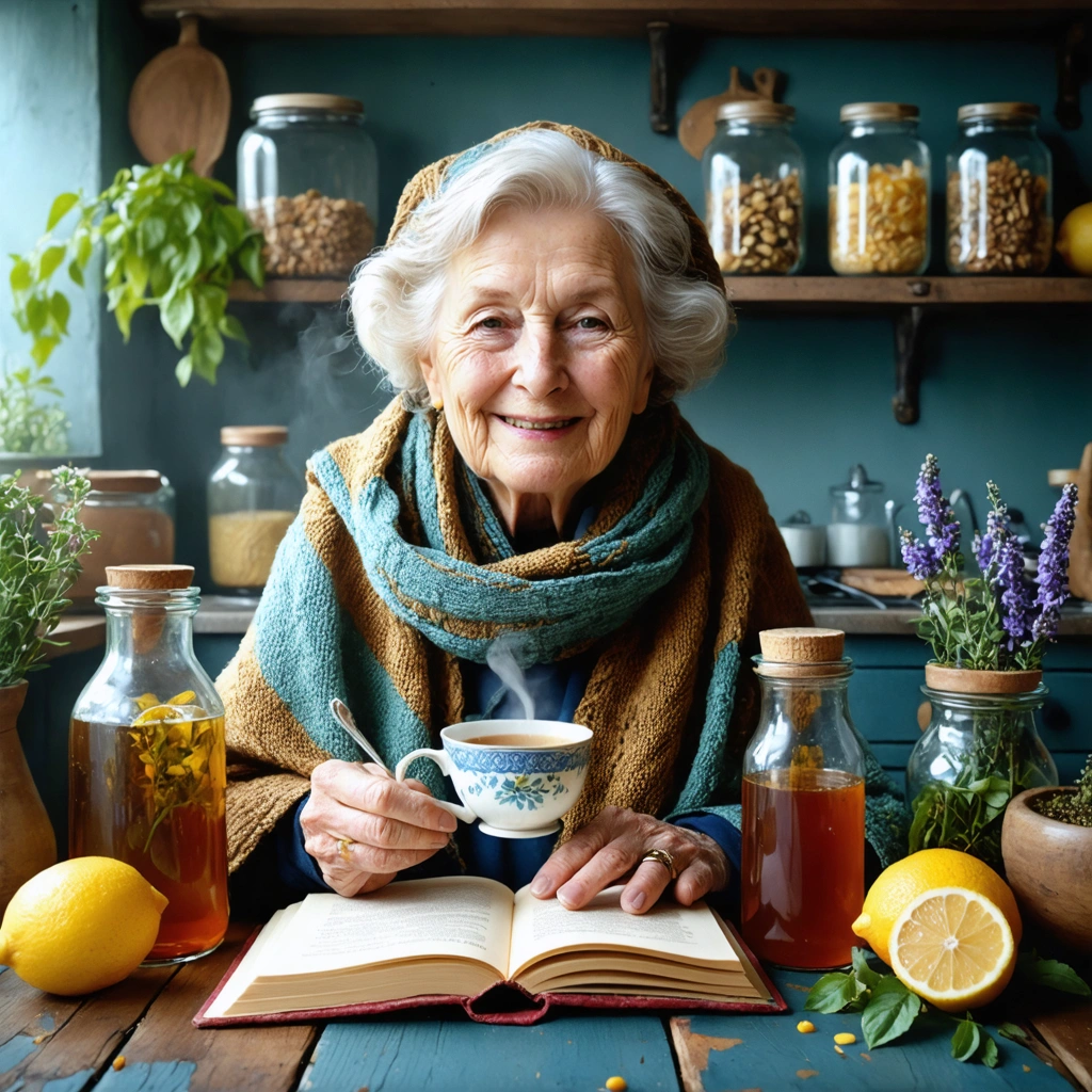 Mamie Colette assise dans sa cuisine, préparant des remèdes naturels pour soigner la voix.