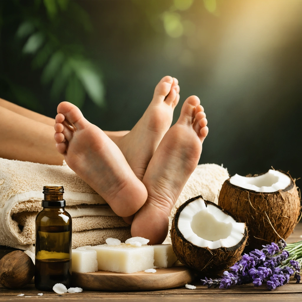 Scène apaisante montrant des pieds massés avec de l'huile de coco, entourée d'une ambiance cocooning avec une bouteille d'huile de coco et une fiole d'huile essentielle de lavande à proximité.