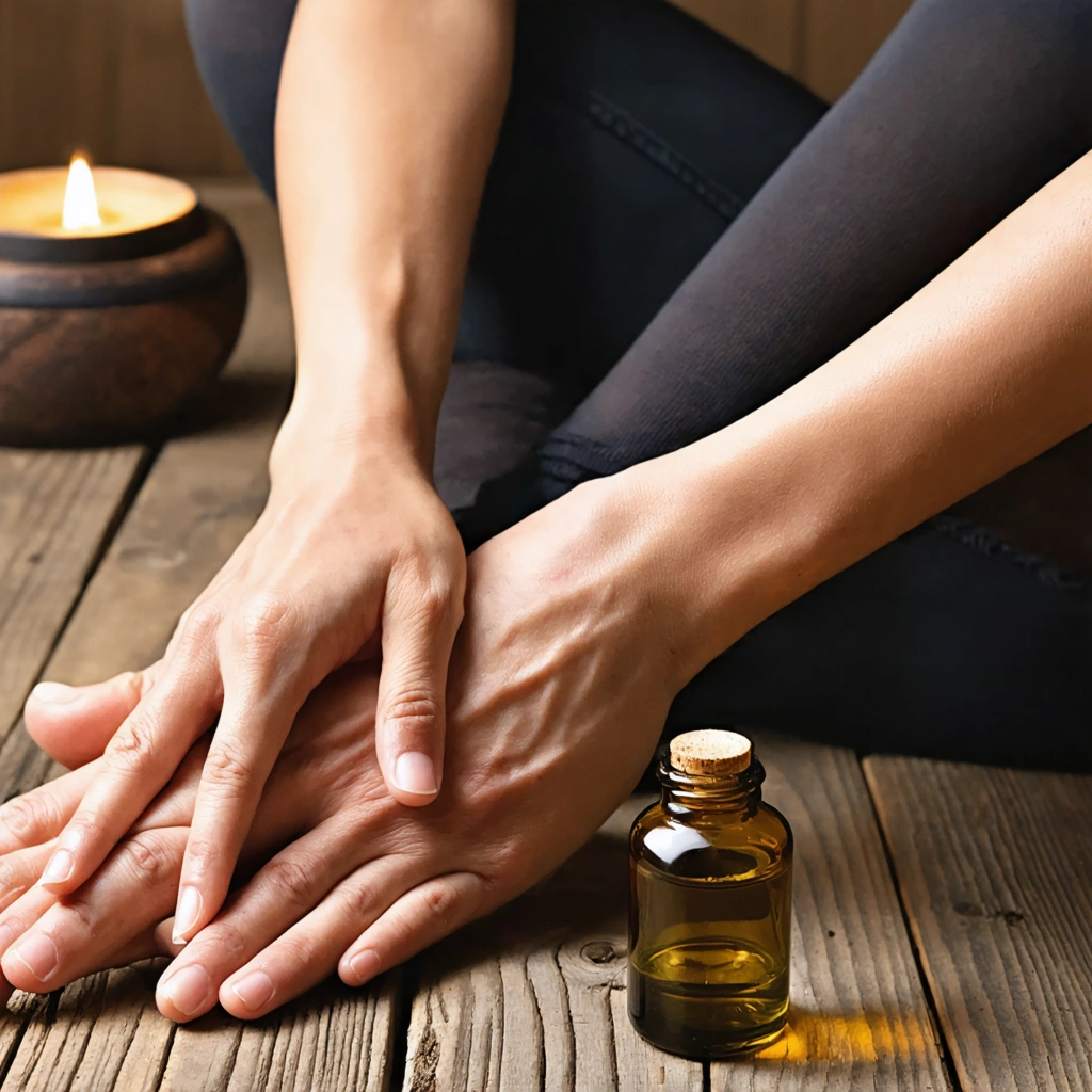 Des mains massant doucement des genoux avec de l'huile essentielle, un flacon en verre posé à côté sur une surface en bois, dans une ambiance apaisante.
