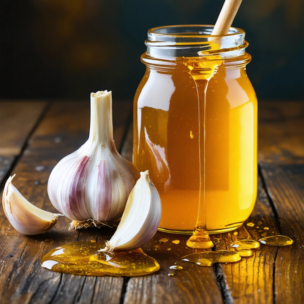 Une image artistique montrant une gousse d'ail écrasée et un pot de miel sur une table rustique, éclairés d'une lumière dorée magique, avec un arrière-plan flou pour mettre en valeur les éléments principaux.
