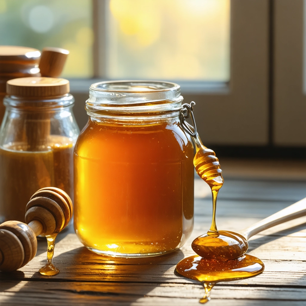 Un pot de miel doré avec une petite cuillère posée à côté, placé près d'un biberon de bébé sur une table en bois, avec une ambiance lumineuse douce et chaleureuse.
