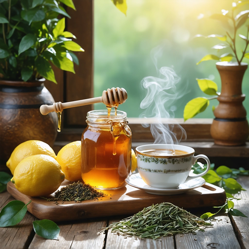 Un pot de miel doré avec une cuillère en bois, des citrons frais et une tasse de thé fumant sur un plateau en bois, dans un cadre naturel et apaisant.