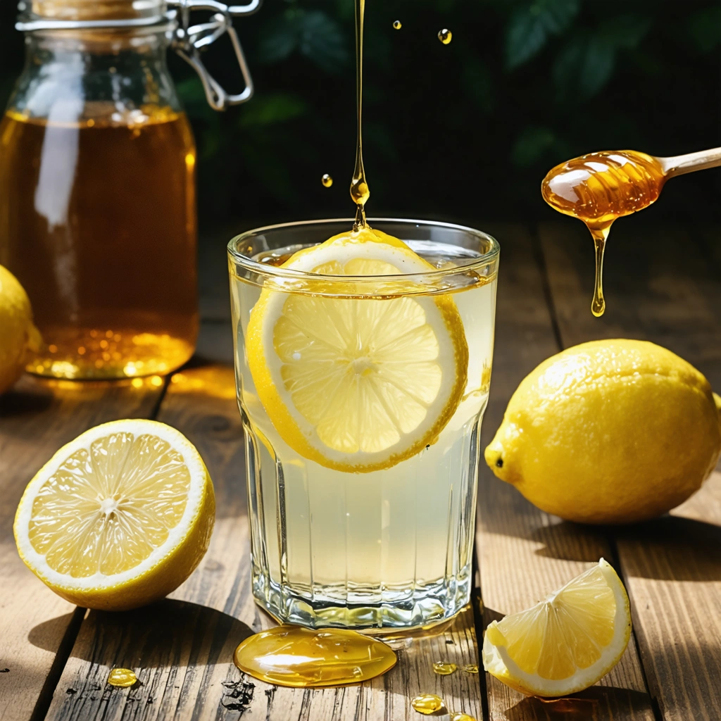 Un verre d'eau tiède avec une tranche de citron, une cuillère de miel qui s'écoule dans le verre, entouré de citrons frais et d'un pot de miel sur une table en bois rustique.