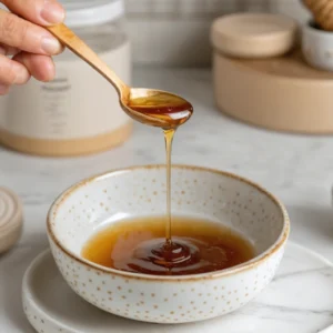 Image d’un pot de miel avec une cuillère, utilisé comme remède naturel pour les irritations du palais.