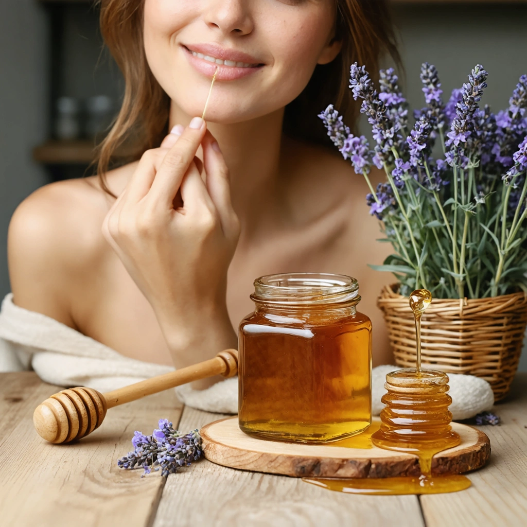 Un pot de miel avec une cuillère en bois sur une table rustique, accompagné d'une femme appliquant doucement du miel sur sa joue, entourée de fleurs apaisantes comme la lavande.