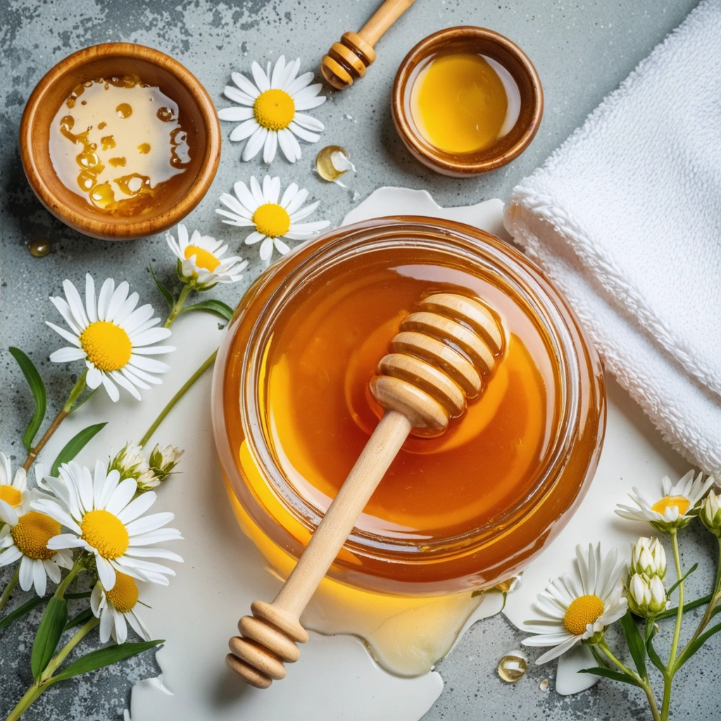 Un pot de miel doré avec une cuillère en bois, entouré de fleurs fraîches, de petits bols d'eau, et d'une serviette douce, illustrant un soin naturel pour la peau.