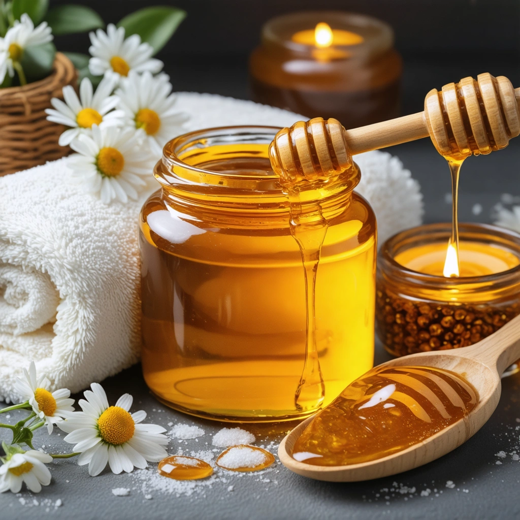 Un pot de miel biologique doré dans un cadre de spa avec des fleurs, une cuillère en bois et une serviette, évoquant un soin du visage naturel et apaisant.