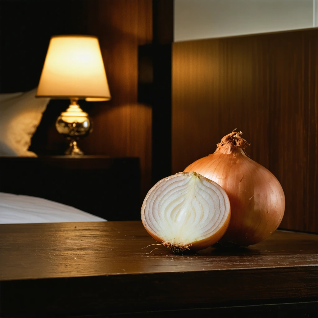 Un oignon tranché posé sur une table de chevet en bois, avec une lumière douce d'une lampe de nuit en arrière-plan, soulignant son usage comme remède naturel pour déboucher le nez.